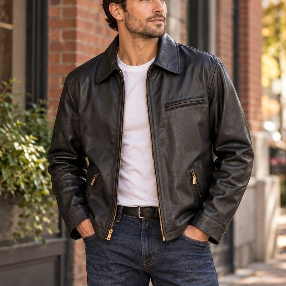 Colebrook & Co Mens Black Leather Quilted Lined Full Zip Jacket Large Vintage